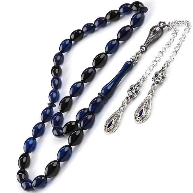 Gece Mavisi Siyah İs Ateş Kehribar Tesbih - Tesbihcibaba