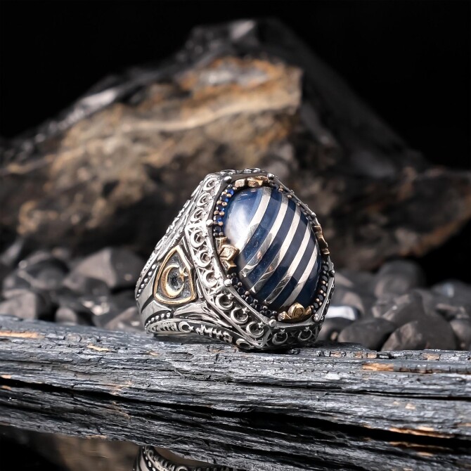 Göktürk Hilal Engraving Stone-set 925 K Silver Ring