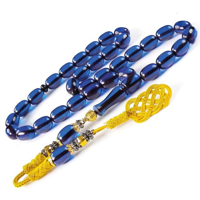 Gold Bafon Kazaz Gece Mavisi Sıkma Kehribar Tesbih - Tesbihcibaba