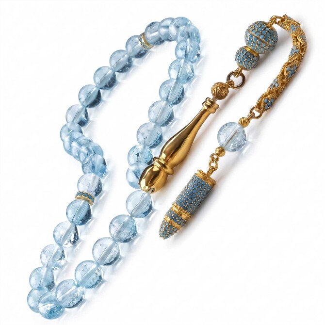 Gold Tasarım Blue Topaz Tesbih - Tesbihcibaba