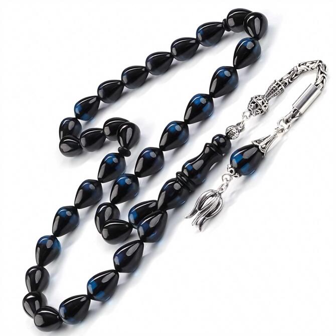 Gözyaşı Kesim Gece Mavisi Sürmeli Ateş Kehribarı Tesbih - Tesbihcibaba