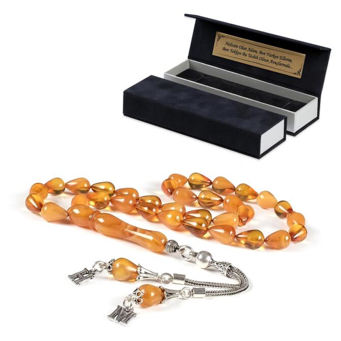 Gözyaşı Kesim Harf Püsküllü Sıkma Kehribar Tesbih - Tesbihcibaba