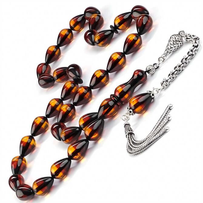 Gözyaşı Kesim Özel Renk Sürmeli Ateş Kehribarı Tesbih - Tesbihcibaba