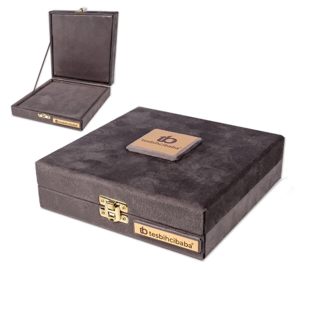 Gri Kadife Kumaş Üst Düzey Kare Tesbih Kutusu - Tesbihcibaba