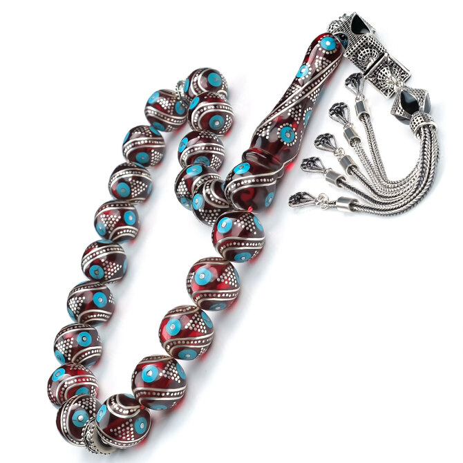 Gümüş Çakımlı Maskot Boy Sıkma Kehribar Tesbih - Tesbihcibaba