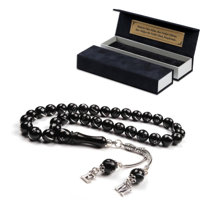 Gümüş Harf Kamçılı Özel Tasarım Oltu Taşı Tesbih - Tesbihcibaba