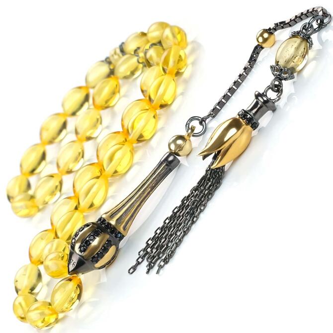 Gümüş İmamesiyle Beyzi Kesim Damla Kehribar Tesbih - Tesbihcibaba