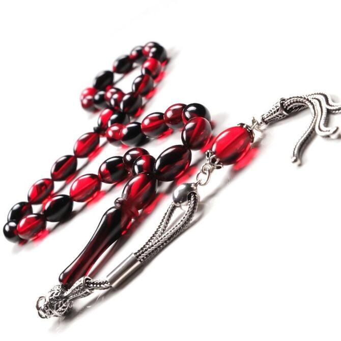 Gümüş Püskül Özel Tasarım Gece Kızılı Ateş Kehribarı Tesbih - Tesbihcibaba