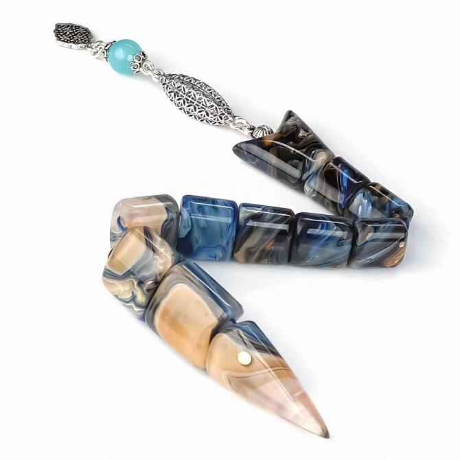 Gümüş Seri Özel Üretim Siyahi Mavi Balık Tesbih - Tesbihcibaba