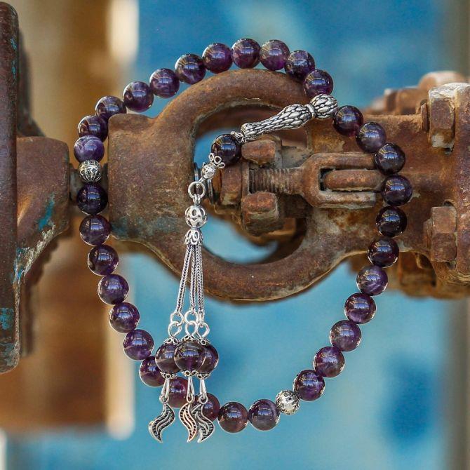 Gümüş Tasarım İri Boy Ametist Doğaltaş Tesbih - Tesbihcibaba