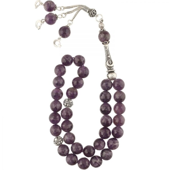 Gümüş Tasarım Kristal Ametist Tesbih - Tesbihcibaba