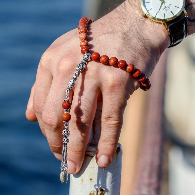 Gümüş Tasarım Kızıl Jasper Tesbih - Tesbihcibaba