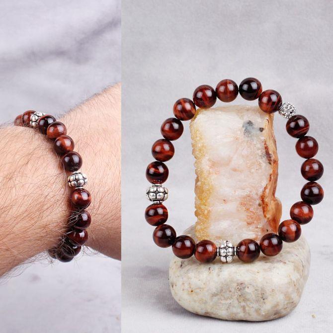 Gümüş Tasarım Kızıl Kaplan Gözü Taşı Bileklik - Tesbihcibaba