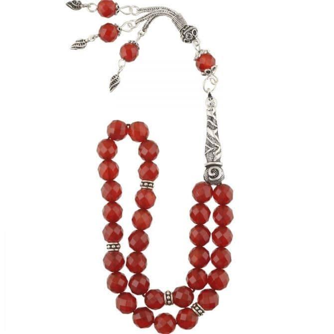 Gümüş Tasarım Kristal Kesim Kırmızı Akik Tesbih - Tesbihcibaba