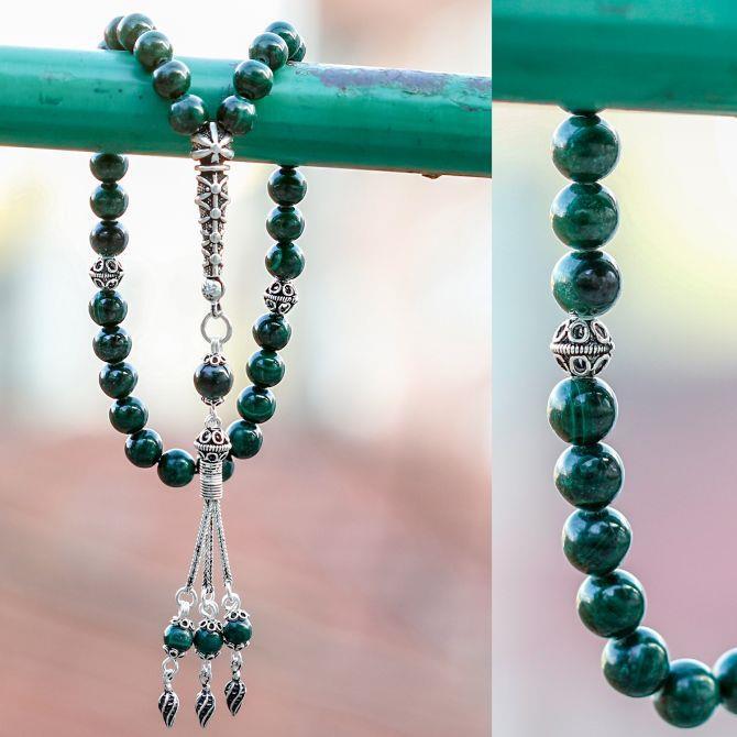 Gümüş Tasarım Malahit Taşı Tesbih - Tesbihcibaba