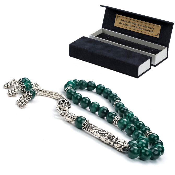 Gümüş Tasarım Ufak Boy Malahit Tesbih - Tesbihcibaba