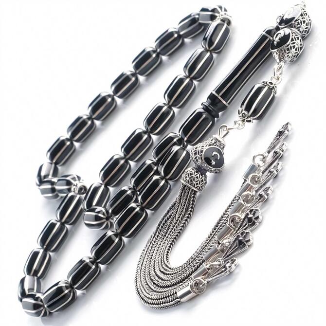 Gümüş Yarma Kara İnci Sancak Model Erzurum Oltu Taşı Tesbih - Tesbihcibaba