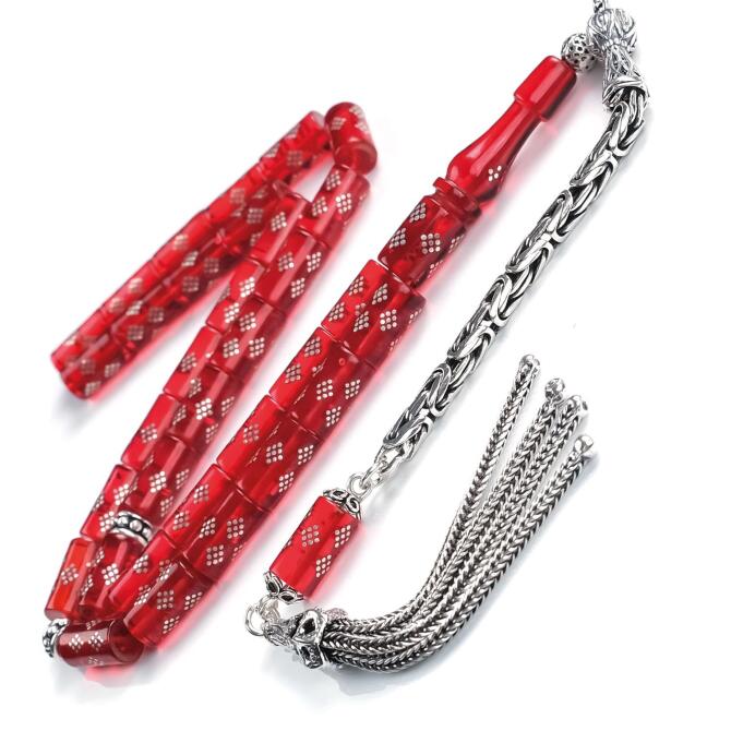 Gün Kırmızı Gümüş Çakım Ateş Kehribarı Tesbih - Tesbihcibaba