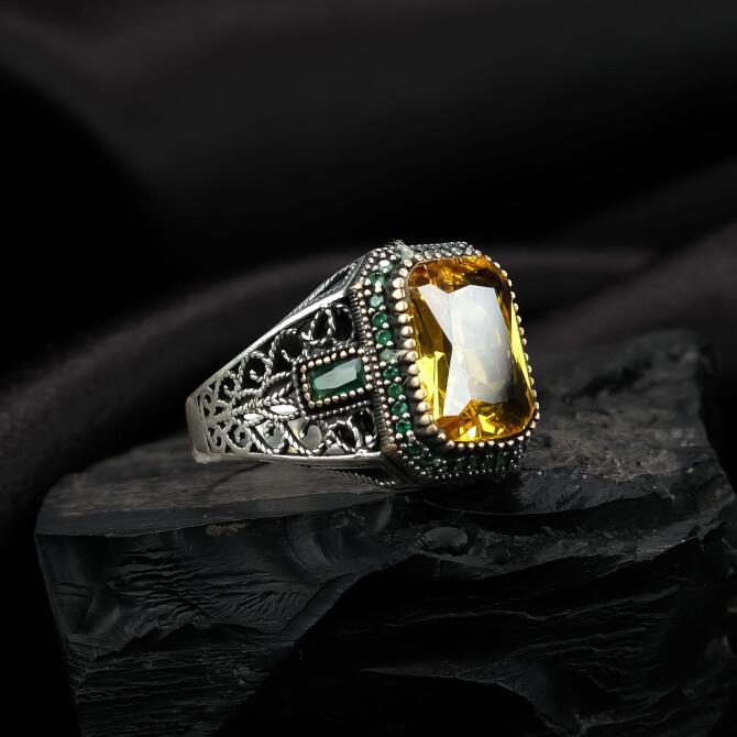 Gün Sarısı Zirkon Taşlı Gümüş Yüzük - Tesbihcibaba