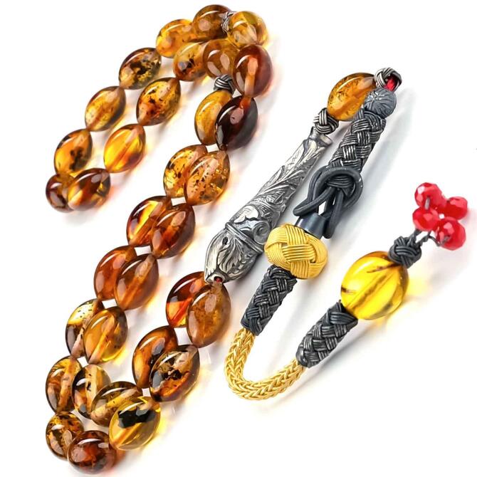 Gün Yanığı Gümüş İmame Damla Kehribar Tesbih - Tesbihcibaba