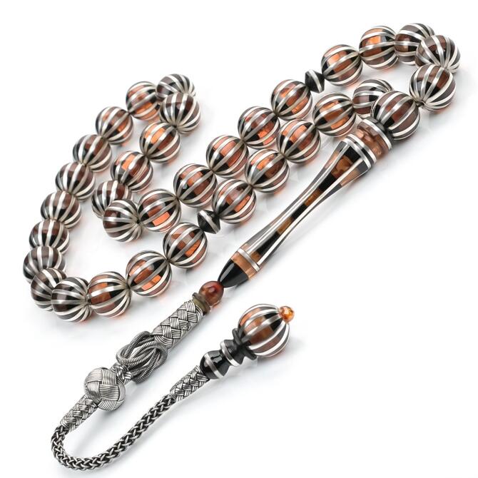 Habbesinden Püskülüne Gümüş İşleme Ateş Kehribarı Tesbih - Tesbihcibaba