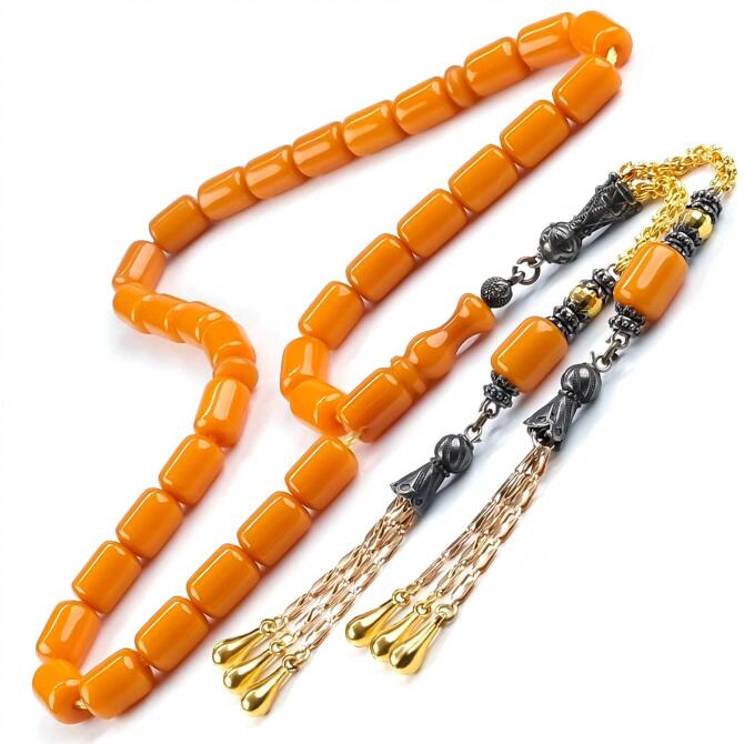 Turunç Kabuğu Kapsül Kesim Çift Püsküllü Sıkma Kehribar Tesbih - Tesbihcibaba