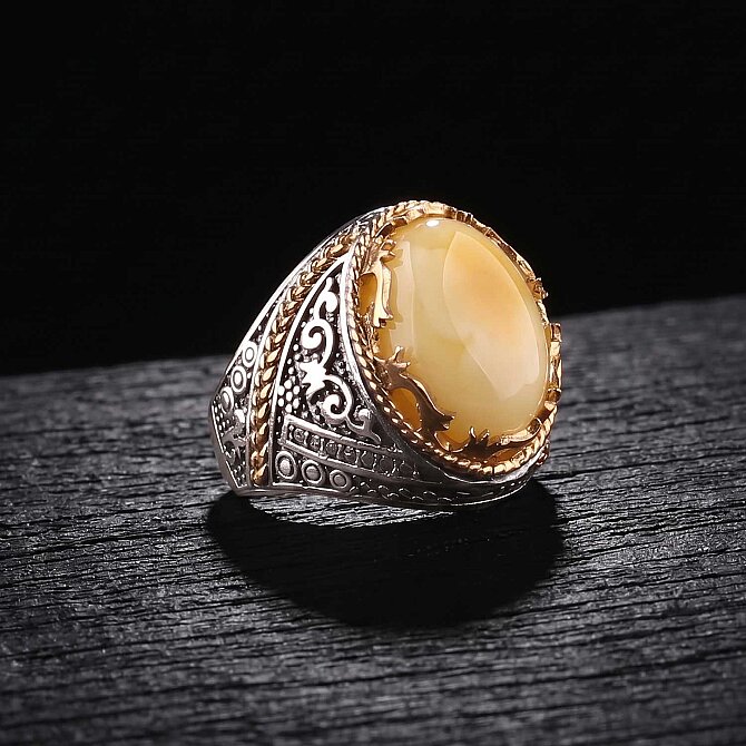 Moiré Yapıda Drop Amber Silver Ring