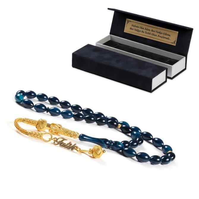 Hareli Yapıda Uzay Mavi İsimli Sıkma Kehribar Tesbih - Tesbihcibaba