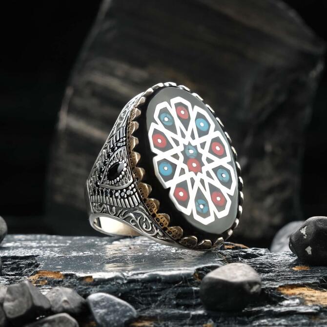 Hatemkar Motifli Erzurum Otu Taşı Gümüş Yüzük - Tesbihcibaba