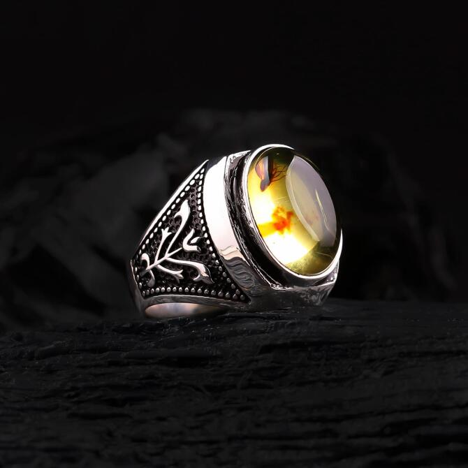 Hayvansal Fossil Drop Amber Silver Ring
