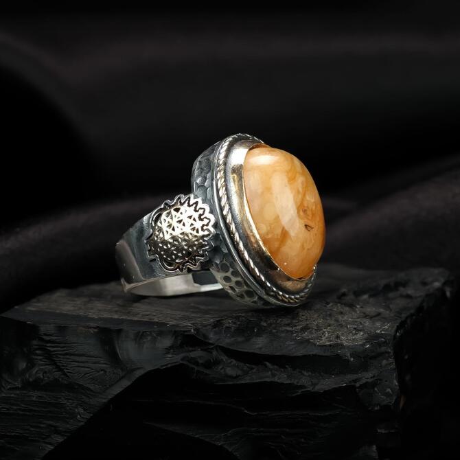 Hitit Model Kaya Damla Kehribar Yüzük - Tesbihcibaba