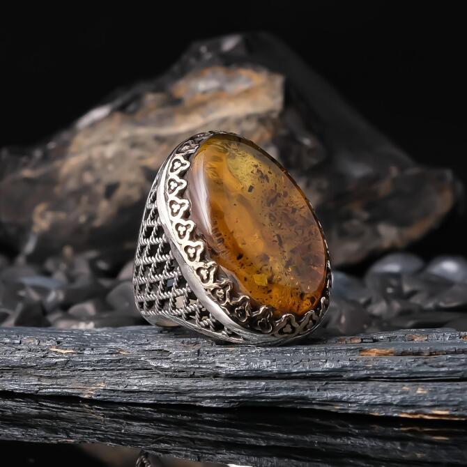 Hünkar Drop Amber 925 K Silver Ring