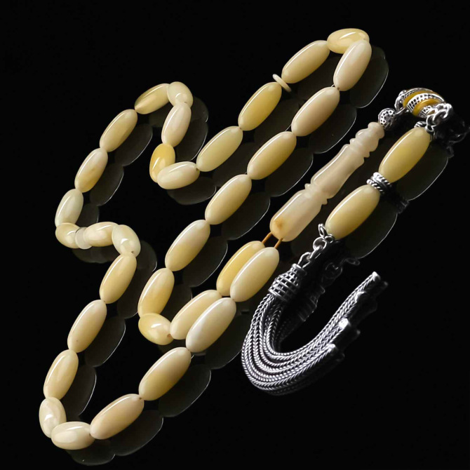 İce Amber Beyaz Kaplan Mineli Püskül Damla Kehribar Tesbih - Tesbihcibaba