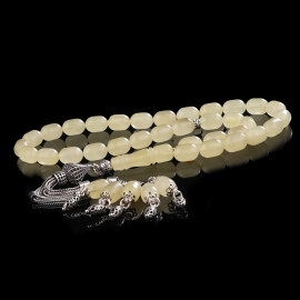 Ice Amber- Beyaz Kaplan Saçaklı Püskül Damla Kehribar Tesbih - 4