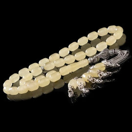 Ice Amber- Beyaz Kaplan Saçaklı Püskül Damla Kehribar Tesbih - 1