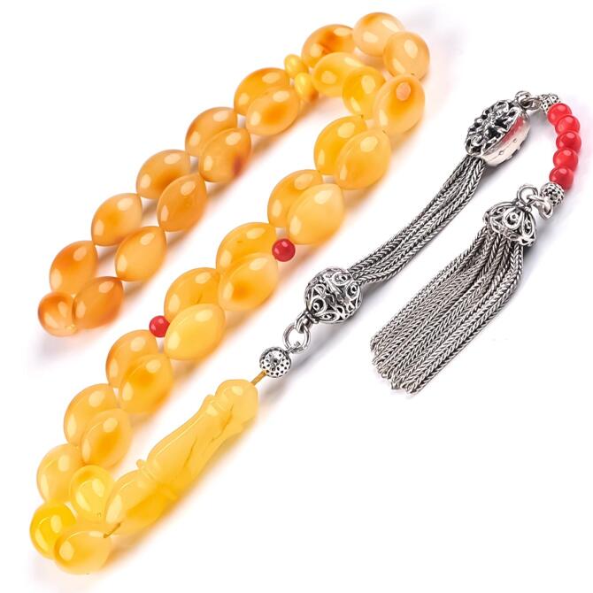 Ice Amber Kızıl Kaplan Mercan Tasarım Damla Kehribar Tesbih - Tesbihcibaba