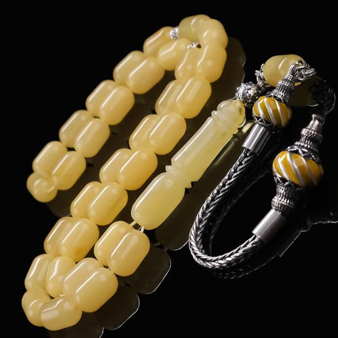 İce Yellow Amber Şems Püskül Damla Kehribar Tesbih - Tesbihcibaba