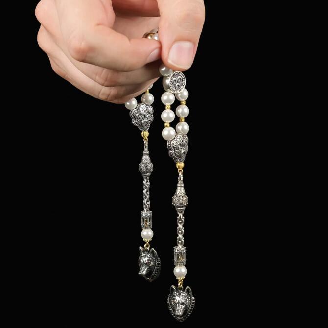 İnci Tasarım Kurt Başlı Gümüş Zaza Tesbih - Tesbihcibaba