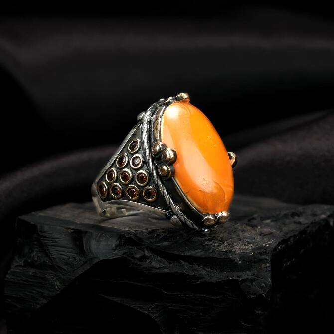 İri Taşlı Antik Damla Kehribar Yüzük - Tesbihcibaba