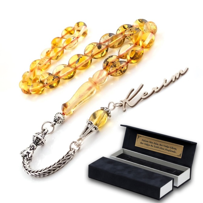 İsme Özel Arpa Kesim Fosilli Damla Kehribar Tesbih - Tesbihcibaba