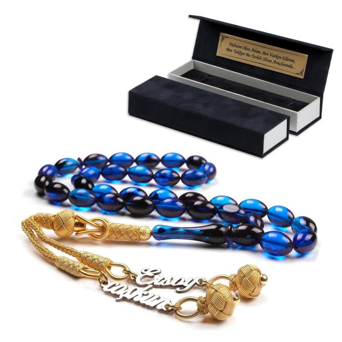 İsme Özel Gece Mavisi Sıkma Kehribar Tesbih - Tesbihcibaba