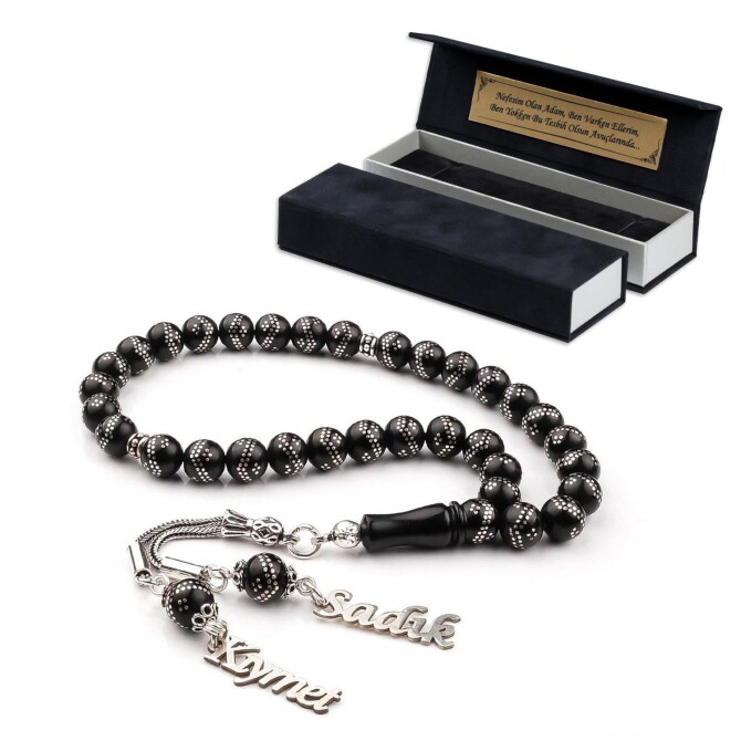 İsme Özel Tasarım Gümüş Kakmalı Oltu Taşı Tesbih - Tesbihcibaba