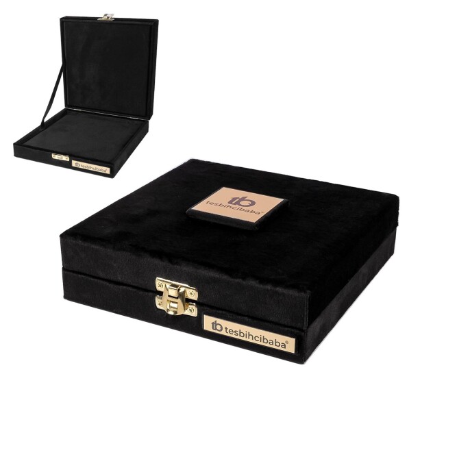 Kadife Kumaş Üst Düzey Siyah Kare Tesbih Kutusu - Tesbihcibaba