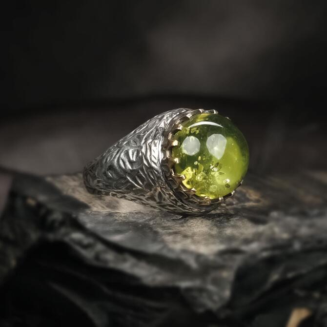 Kalem İşleme Karayip Damla Kehribar Gümüş Yüzük - Tesbihcibaba