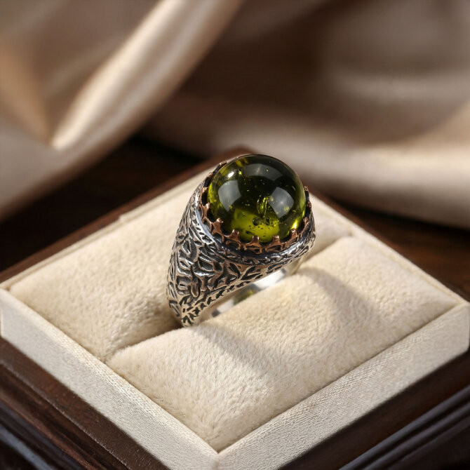 Kalem İşleme Karayip Damla Kehribar Gümüş Yüzük - Tesbihcibaba