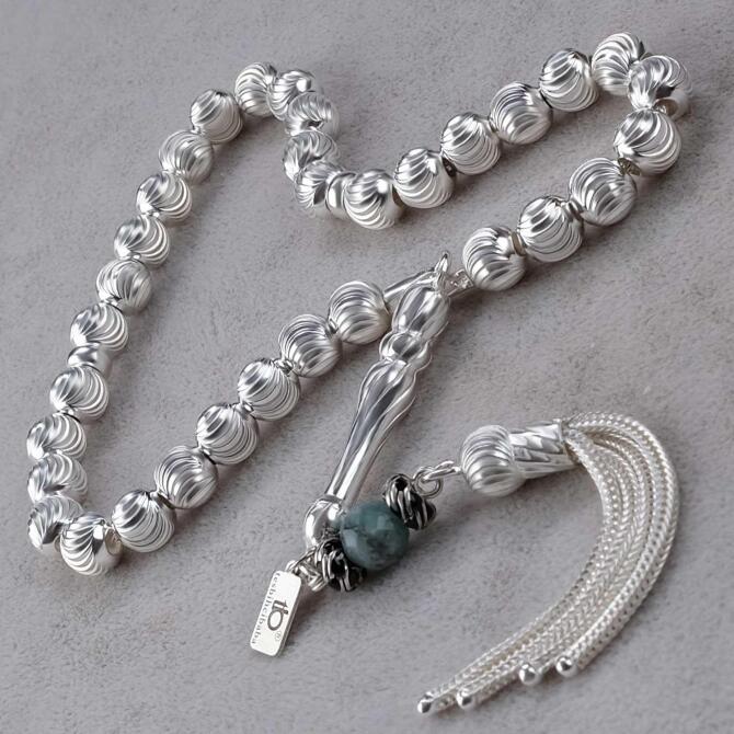 Kalem İşleme Misket 925 Ayar Gümüş Tesbih - Tesbihcibaba