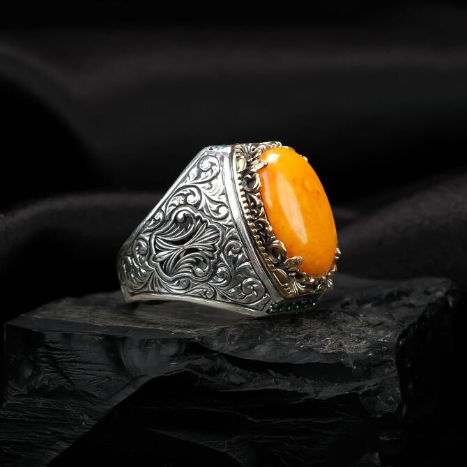 Kalemkar Antik Damla Kehribar Yüzük - Tesbihcibaba