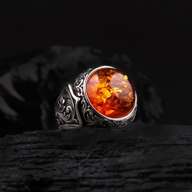 Kalemkar Sphere Drop Amber Silver Ring