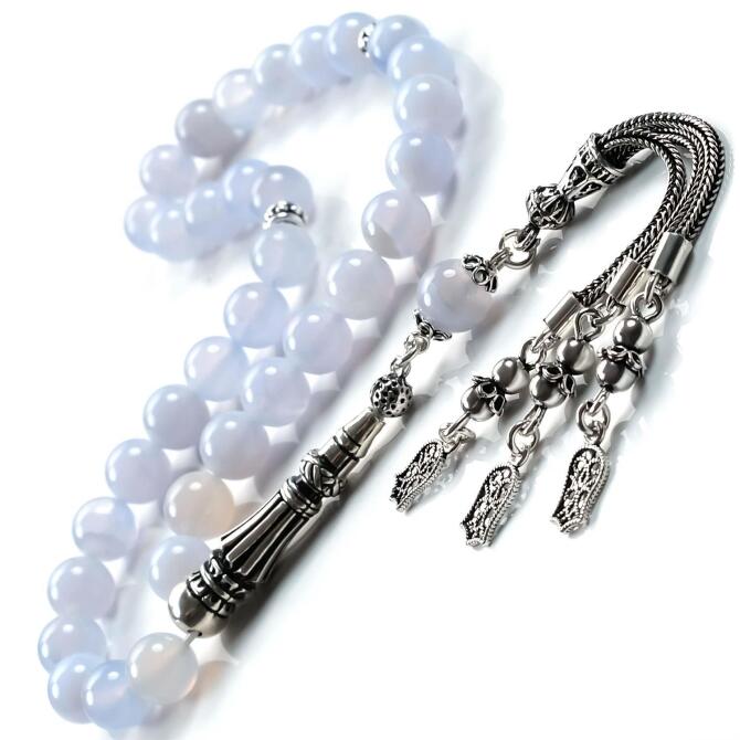 Kalsedon Zihin Taşı Gümüş Tasarım Tesbih - Tesbihcibaba