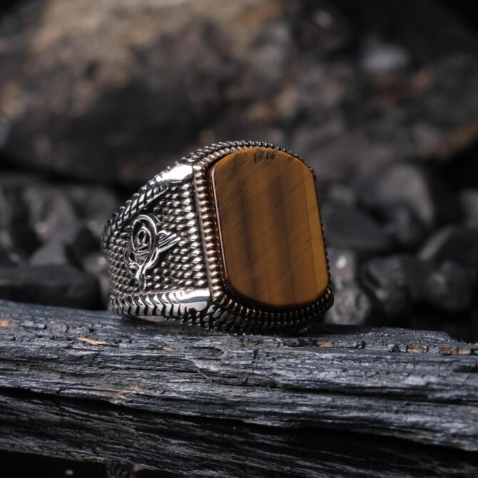 Tiger's Eye Stone-set Tughra Silver Ring